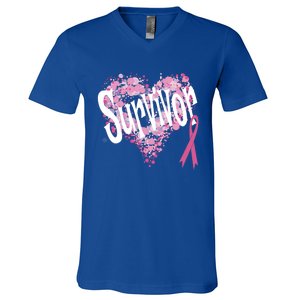 Heart Pink Ribbon Survivor Breast Cancer Funny Gift V-Neck T-Shirt