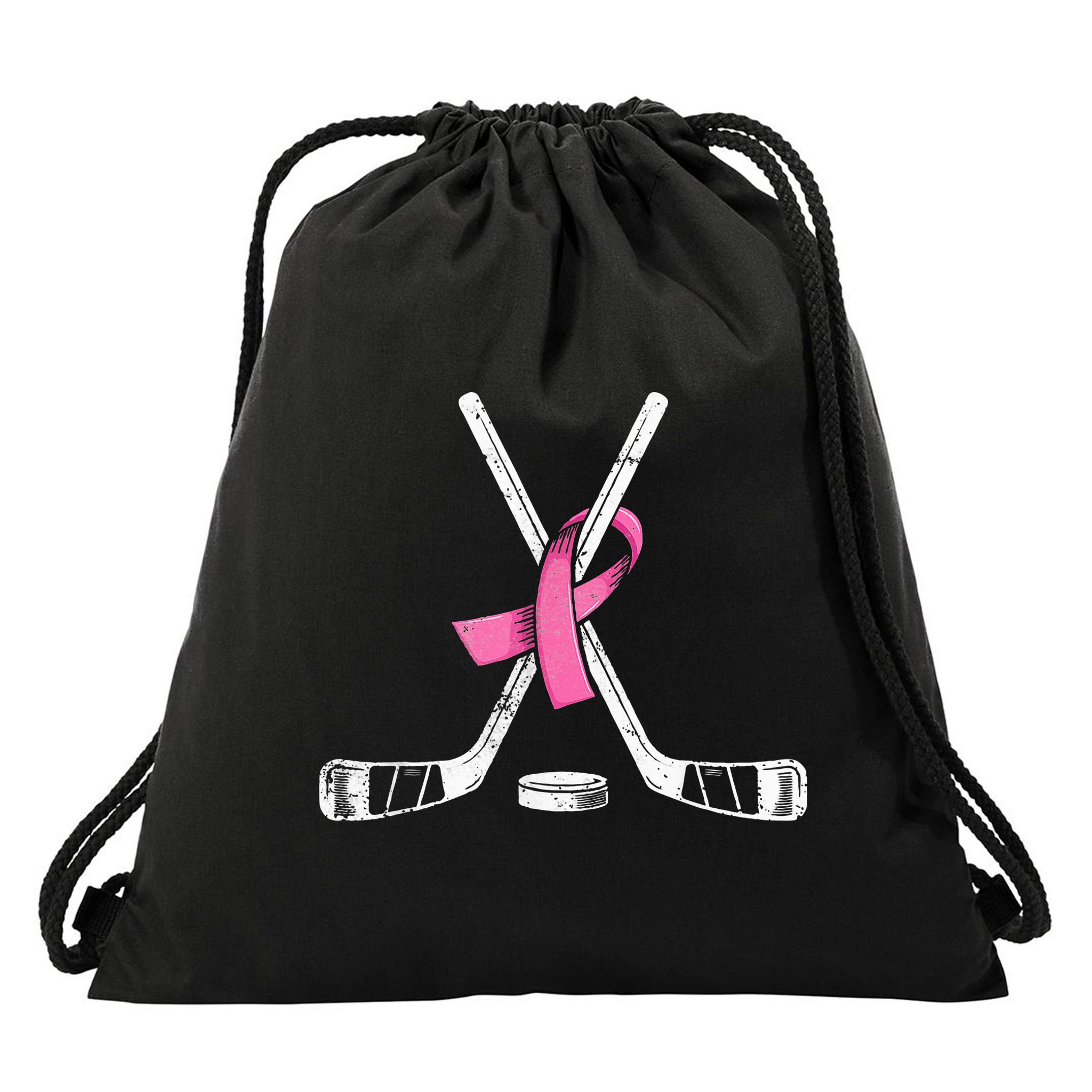 Hockey Pink Ribbon Breast Cancer Support for Sports Enthusiasts Drawstring Bag