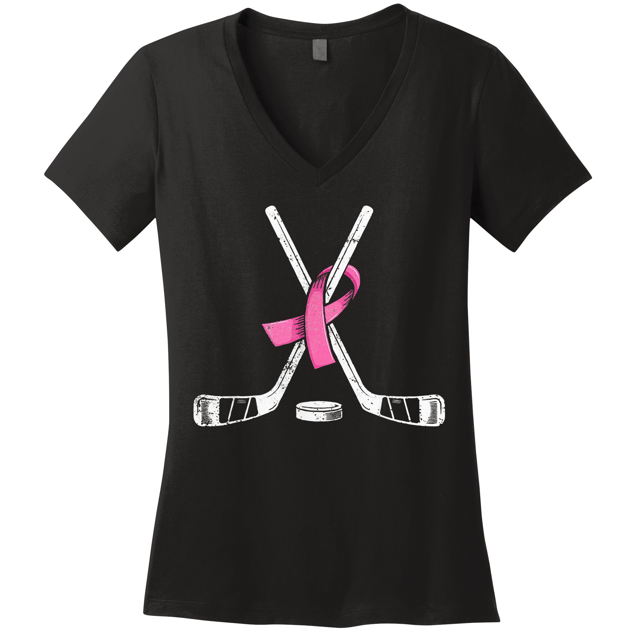 Hockey Pink Ribbon Breast Cancer Support for Sports Enthusiasts Women's V-Neck T-Shirt