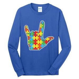 Hand Puzzle Rock Sign Special April Blue Autism Awareness Gift Tall Long Sleeve T-Shirt