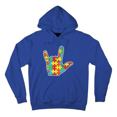 Hand Puzzle Rock Sign Special April Blue Autism Awareness Gift Tall Hoodie