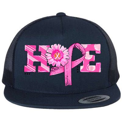 Hope Pink Ribbon Sunflower Breast Cancer Awareness Warrior Flat Bill Trucker Hat