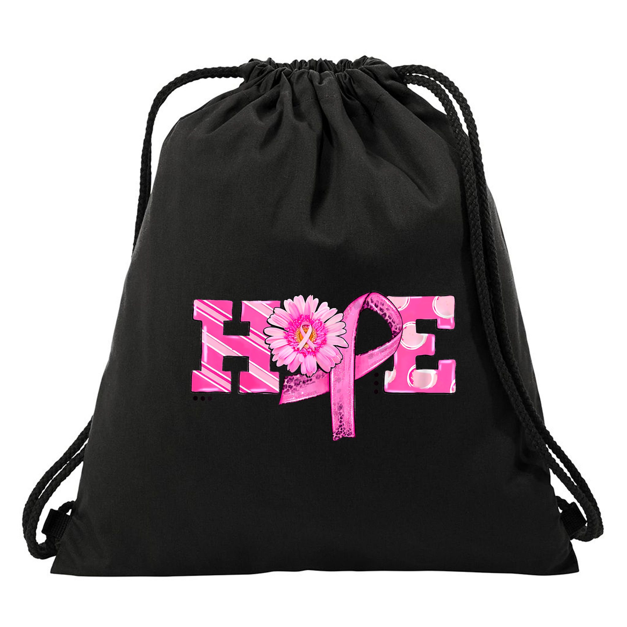 Hope Pink Ribbon Sunflower Breast Cancer Awareness Warrior Drawstring Bag