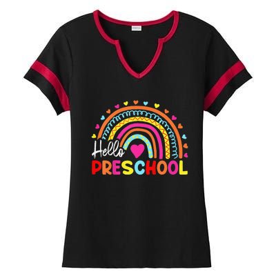 Hello Preschool Retro Rainbow Teacher Ladies Halftime Notch Neck Tee