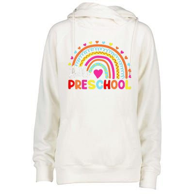 Hello Preschool Retro Rainbow Teacher Womens Funnel Neck Pullover Hood