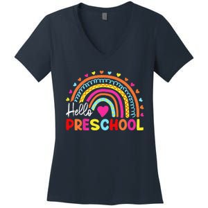 Hello Preschool Retro Rainbow Teacher Women's V-Neck T-Shirt