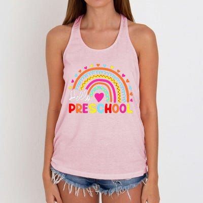 Hello Preschool Retro Rainbow Teacher Women's Knotted Racerback Tank