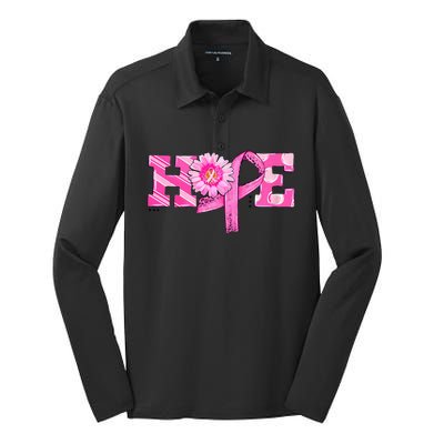 Hope Pink Ribbon Sunflower Breast Cancer Awareness Silk Touch Performance Long Sleeve Polo