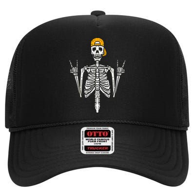 Halloween Punk Rocker Skeleton Cap Skater Cool Rock Gift High Crown Mesh Back Trucker Hat