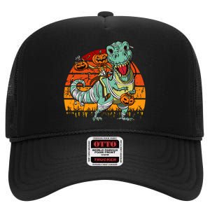 Halloween Pumpkin Riding Dinosaur Trex Skeleton Funny High Crown Mesh Back Trucker Hat