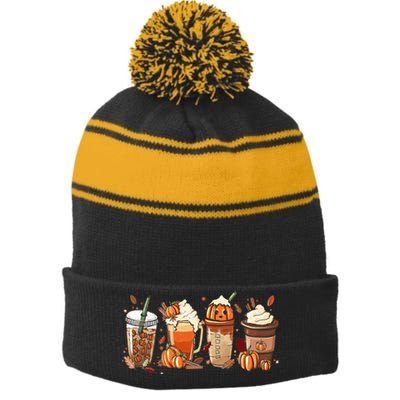 Halloween Pumpkin Spice Coffee Lover Stripe Pom Pom Beanie