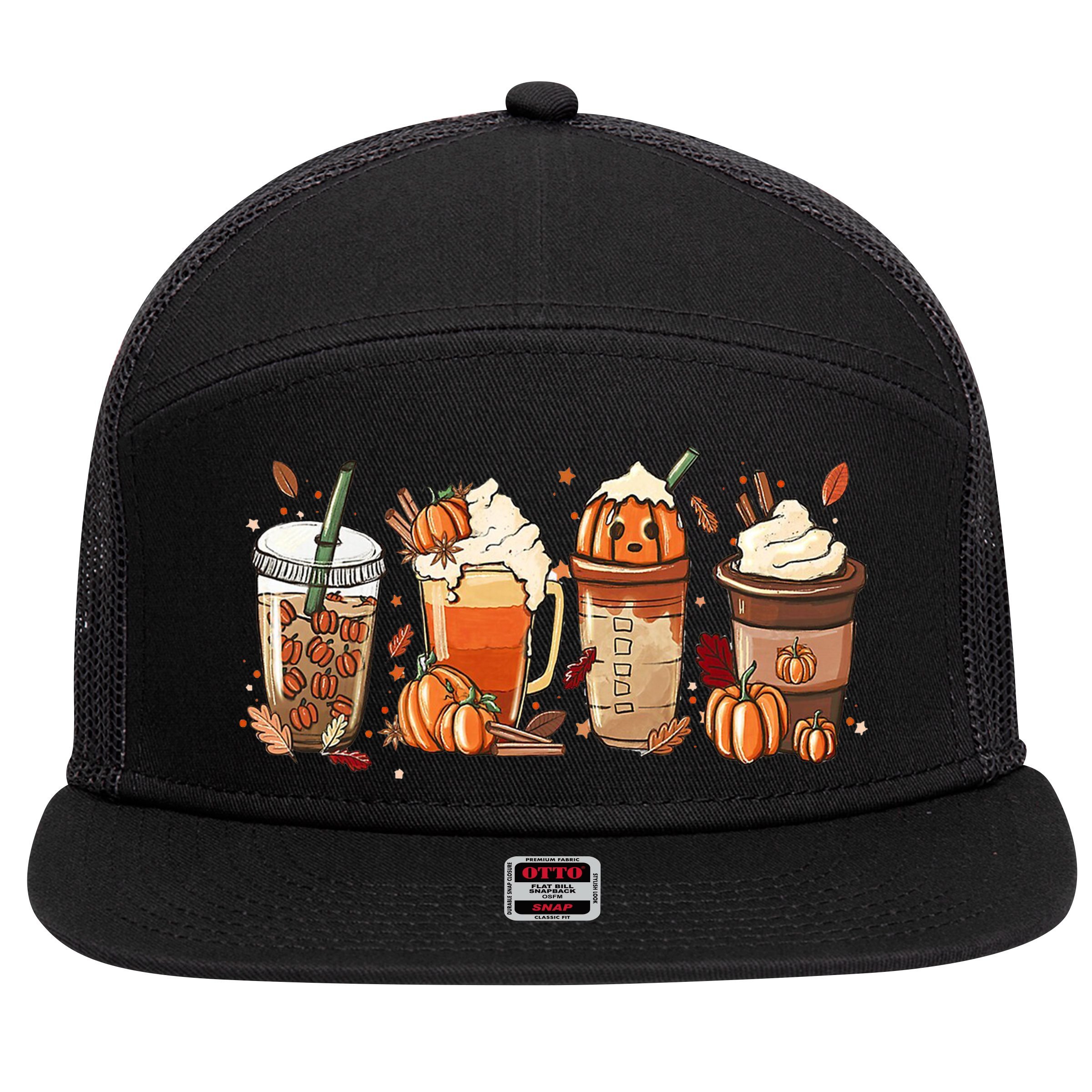 Halloween Pumpkin Spice Coffee Lover 7 Panel Mesh Trucker Snapback Hat