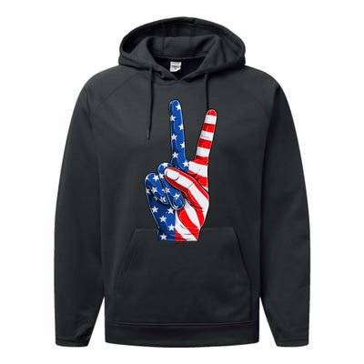 Hand Peace Sign Usa American Flag Patriotic 4th Of July Performance Fleece Hoodie