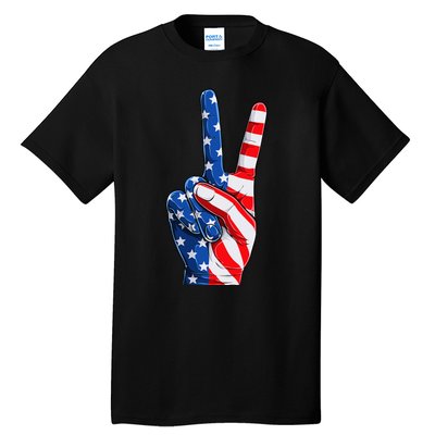 Hand Peace Sign Usa American Flag Patriotic 4th Of July Tall T-Shirt