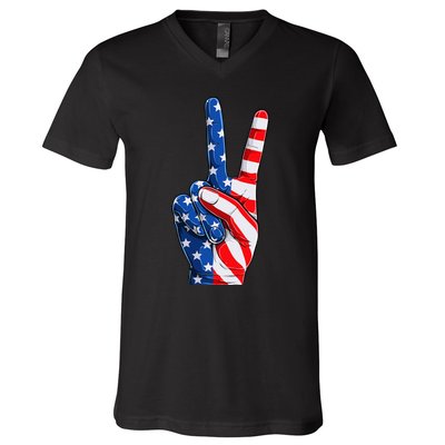 Hand Peace Sign Usa American Flag Patriotic 4th Of July V-Neck T-Shirt