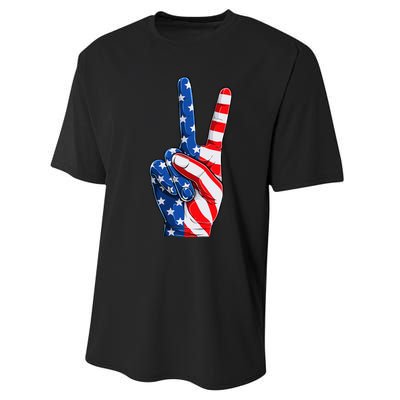 Hand Peace Sign Usa American Flag Patriotic 4th Of July Performance Sprint T-Shirt