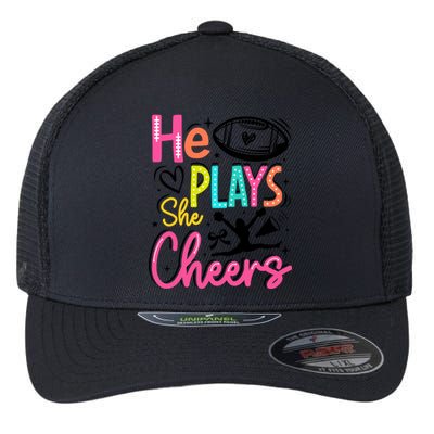 He Plays She Cheers Football Team Game Day Flexfit Unipanel Trucker Cap