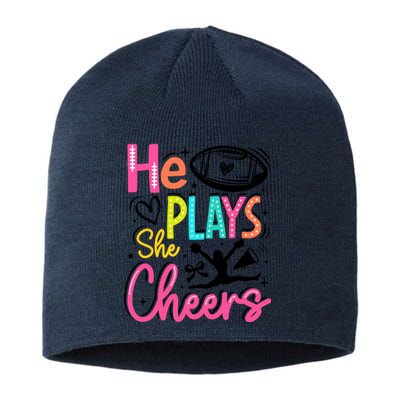 He Plays She Cheers Football Team Game Day Sustainable Beanie