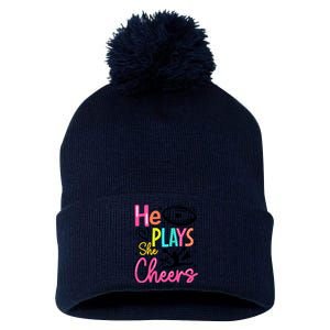 He Plays She Cheers Football Team Game Day Pom Pom 12in Knit Beanie