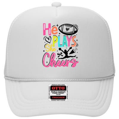 He Plays She Cheers Football Team Game Day High Crown Mesh Back Trucker Hat