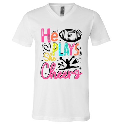 He Plays She Cheers Football Team Game Day V-Neck T-Shirt