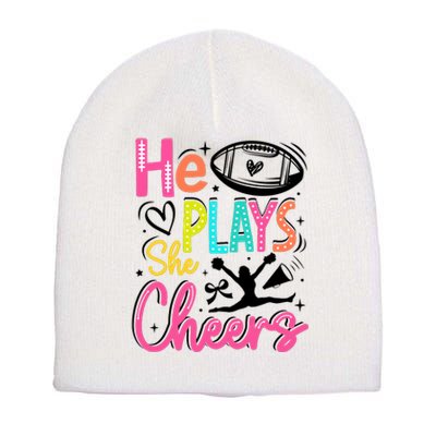 He Plays She Cheers Football Team Game Day Short Acrylic Beanie