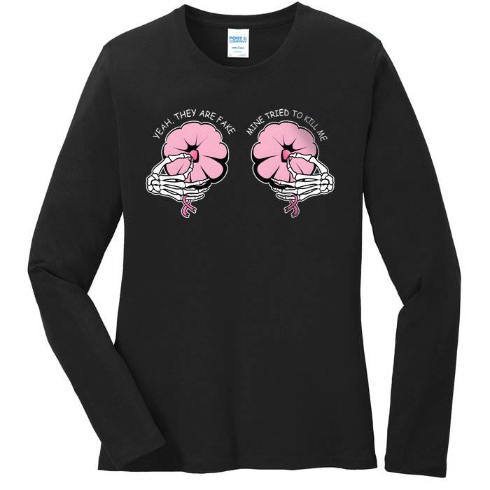 Halloween Pinch Skeleton Pumpkin Yeah They Are Fake Funny Boobs Ladies Long Sleeve Shirt