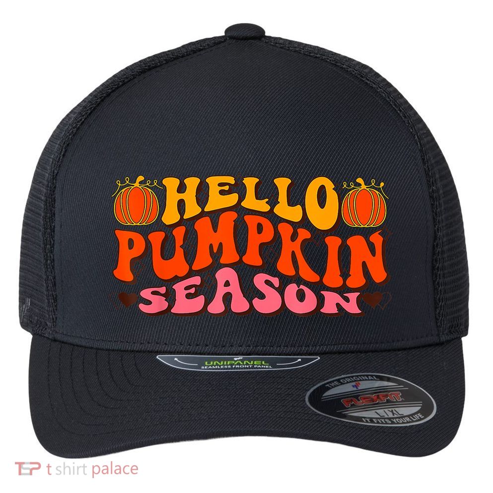 Hello Pumpkin Season Wavy Groovy Thanksgiving Graphic Flexfit Unipanel Trucker Cap