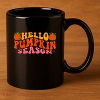 Hello Pumpkin Season Wavy Groovy Thanksgiving Graphic 11oz C Handle Ceramic Mug