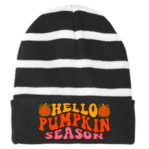 Hello Pumpkin Season Wavy Groovy Thanksgiving Graphic Striped Beanie with Solid Band