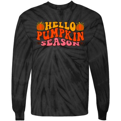 Hello Pumpkin Season Wavy Groovy Thanksgiving Graphic Tie-Dye Long Sleeve Shirt