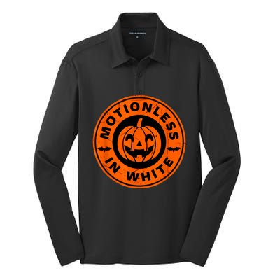 Halloween Pumpkin Scary Funny Motionlesses In White Silk Touch Performance Long Sleeve Polo