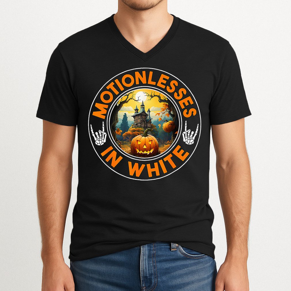 Halloween Pumpkin Scary Funny Motionlesses In White V-Neck T-Shirt