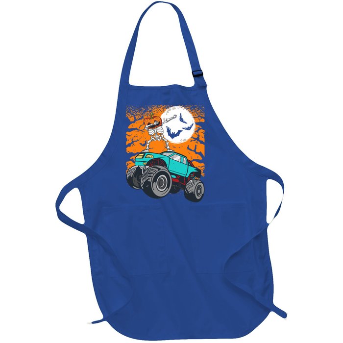 Halloween Pumpkin Skeleton Riding Monster Truck Gift Full-Length Apron With Pockets