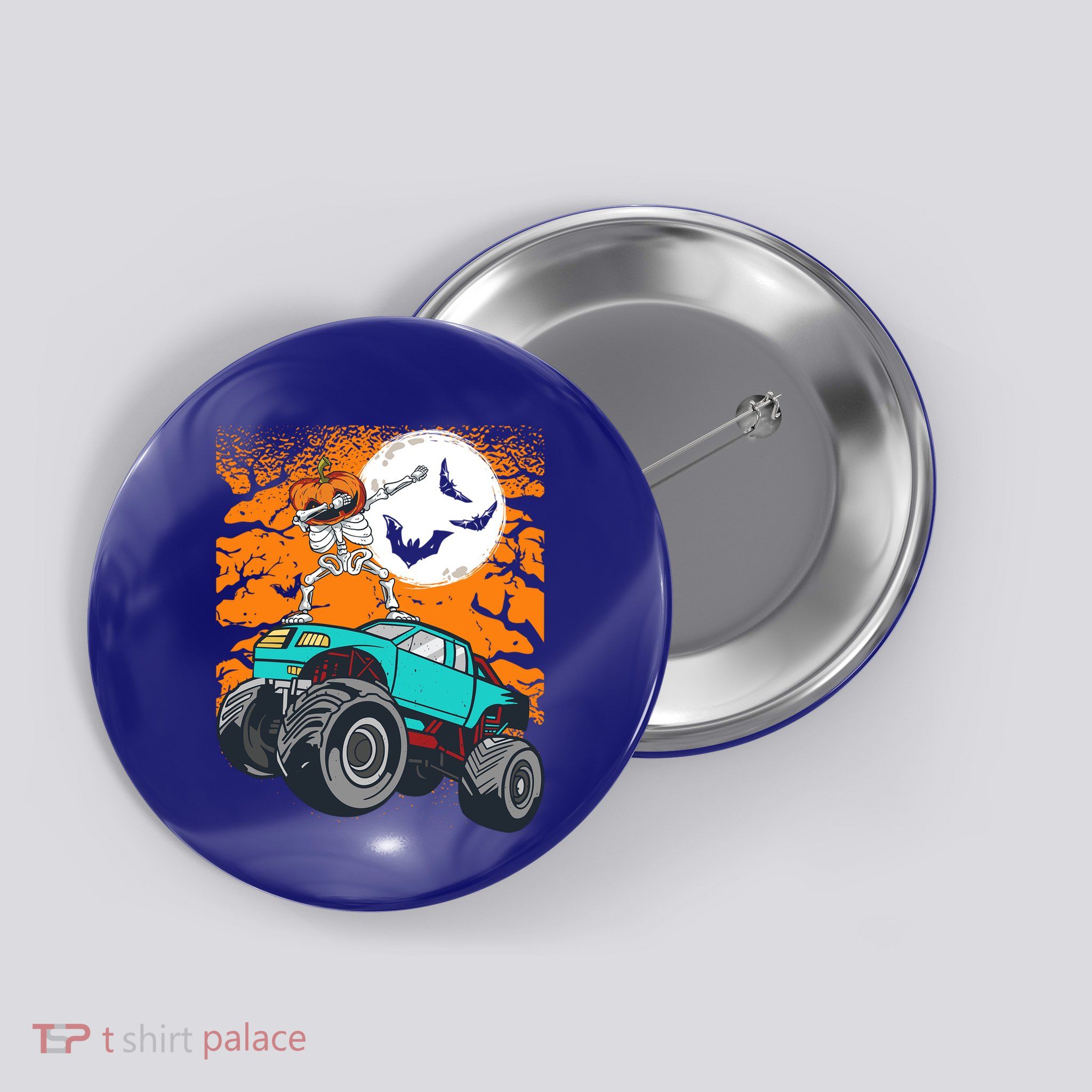 Halloween Pumpkin Skeleton Riding Monster Truck Gift Button