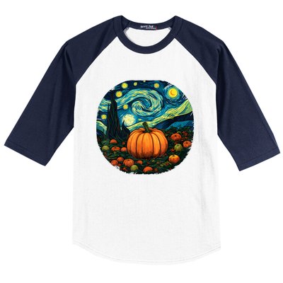 Halloween Pumpkin Starry Night Van Gogh Art Lovers Baseball Sleeve Shirt