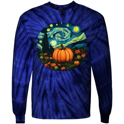 Halloween Pumpkin Starry Night Van Gogh Art Lovers Tie-Dye Long Sleeve Shirt