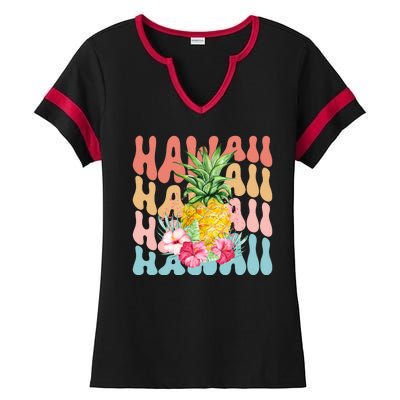 Hawaii Pineapple Summer Groovy Retro Ladies Halftime Notch Neck Tee