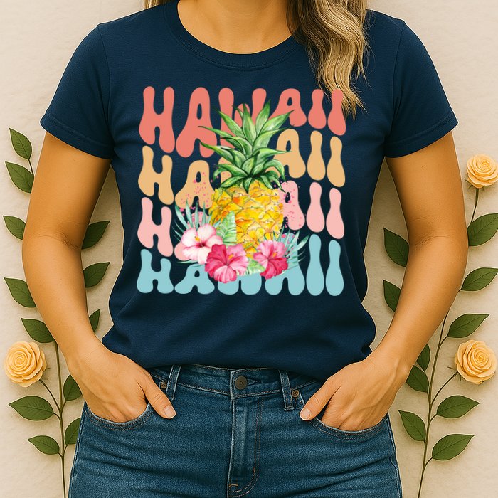 Hawaii Pineapple Summer Groovy Retro Womens T-Shirt