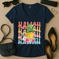 Hawaii Pineapple Summer Groovy Retro Women's V-Neck T-Shirt
