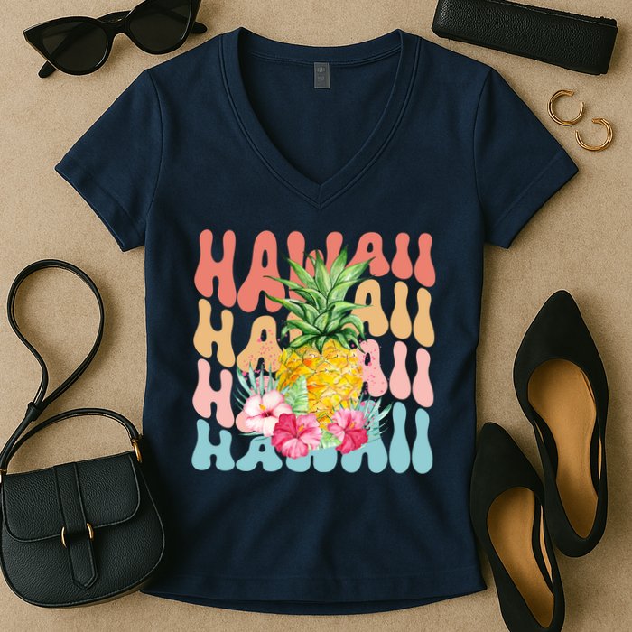 Hawaii Pineapple Summer Groovy Retro Women's V-Neck T-Shirt