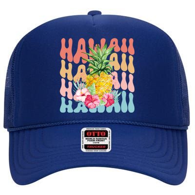 Hawaii Pineapple Summer Groovy Retro High Crown Mesh Back Trucker Hat