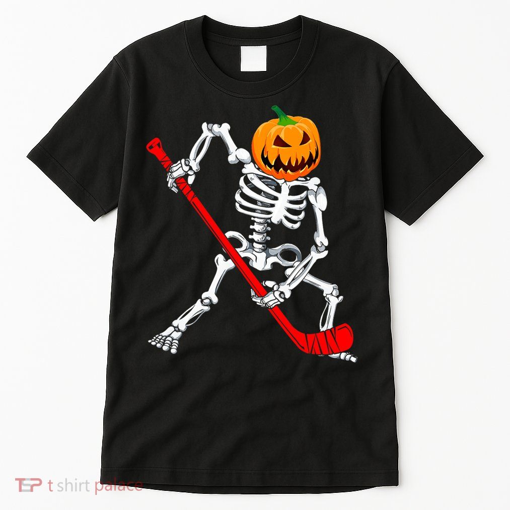 Hockey Player Skeleton Halloween Pumkin Costume For Boy Tall T-Shirt