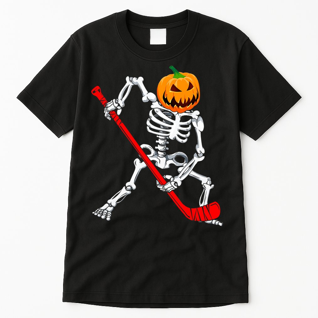 Hockey Player Skeleton Halloween Pumkin Costume For Boy Tall T-Shirt