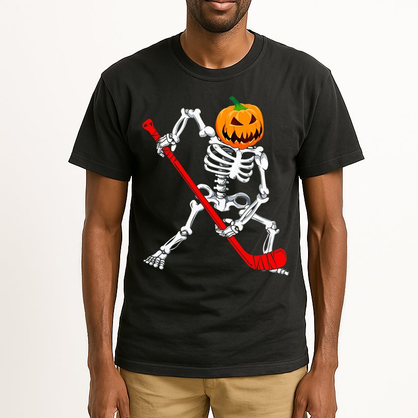 Hockey Player Skeleton Halloween Pumkin Costume For Boy Tall T-Shirt