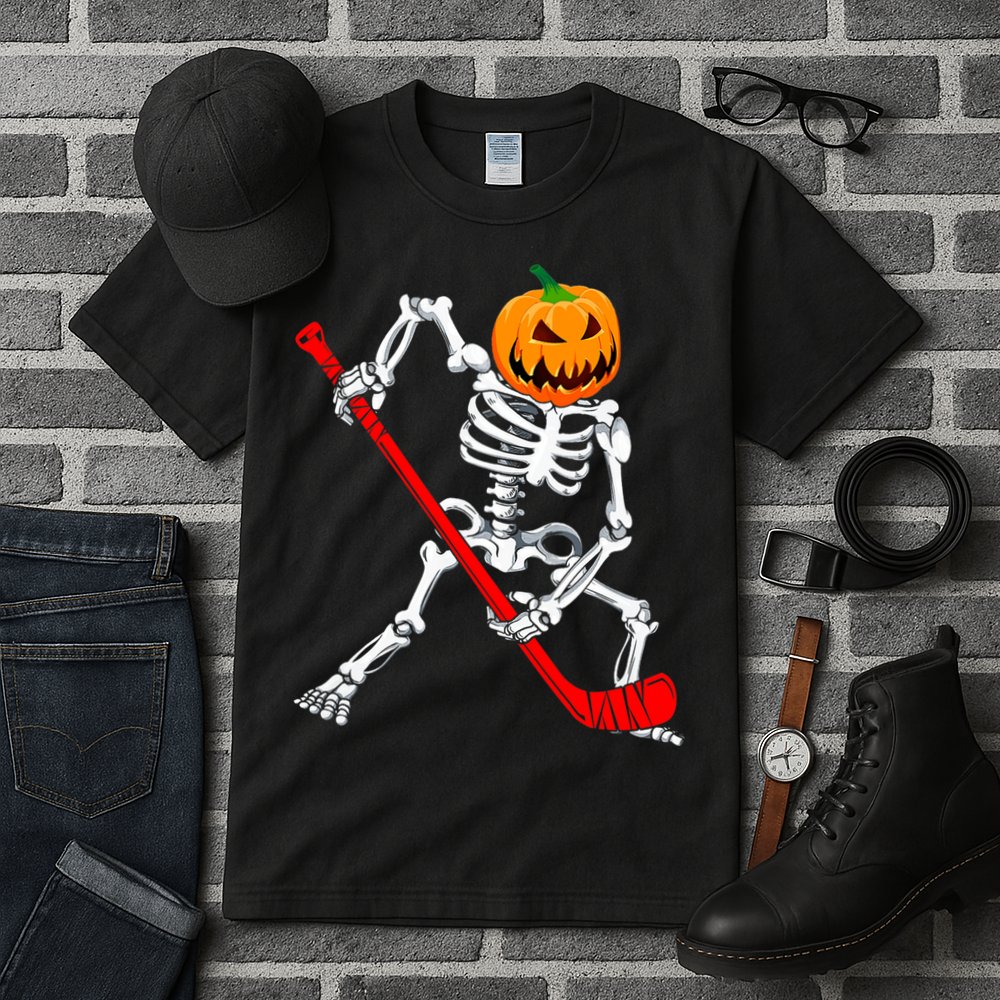 Hockey Player Skeleton Halloween Pumkin Costume For Boy Tall T-Shirt