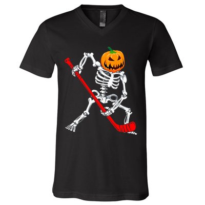 Hockey Player Skeleton Halloween Pumkin Costume For Boy V-Neck T-Shirt