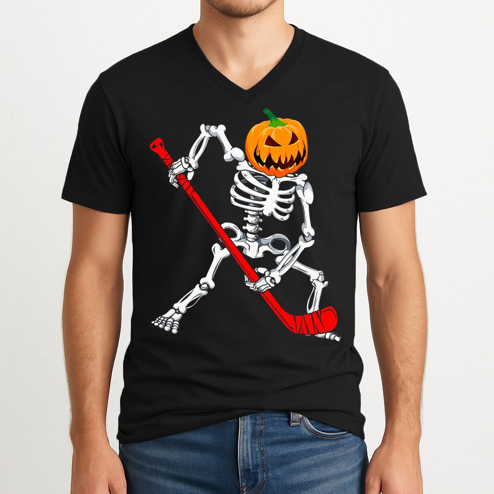 Hockey Player Skeleton Halloween Pumkin Costume For Boy V-Neck T-Shirt