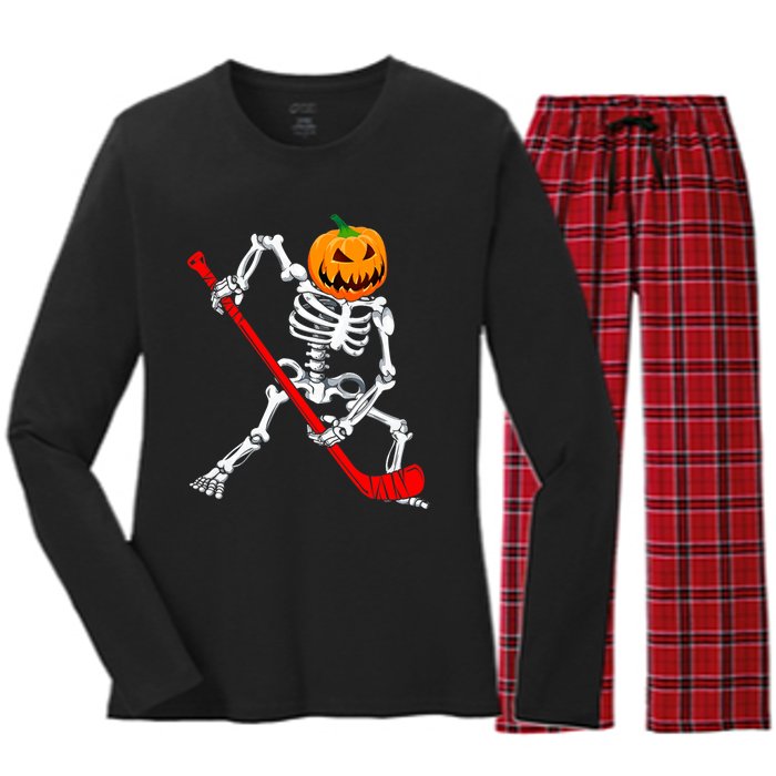 Hockey Player Skeleton Halloween Pumkin Costume For Boy Women's Long Sleeve Flannel Pajama Set 