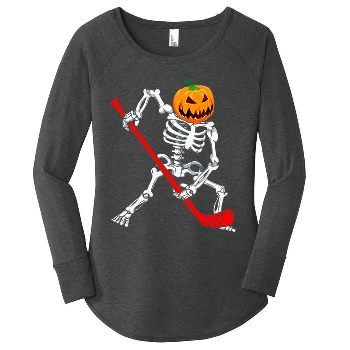 Hockey Player Skeleton Halloween Pumkin Costume For Boy Women's Perfect Tri Tunic Long Sleeve Shirt